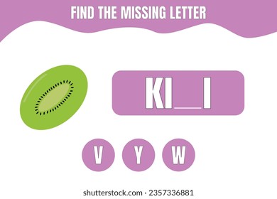 Find the missing letter. Kiwi vector. Educational game for kids. Worksheet design.