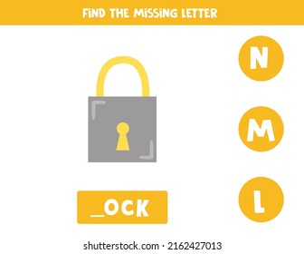 Find missing letter. Metal lock. Educational spelling game for kids.