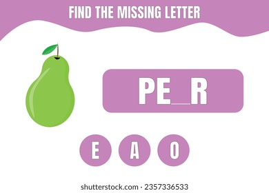 Find the missing letter. Pear vector. Educational game for kids. Worksheet design.