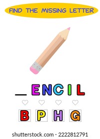 Find missing letter. pencil for drawing. Educational spelling game for kids.Education puzzle for children find missing letter of cute cartoon brush  printable bug worksheet