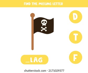 Find missing letter. Pirate flag. Educational spelling game for kids.