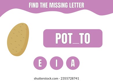 Find the missing letter. Potato vector. Educational game for kids. Worksheet design.