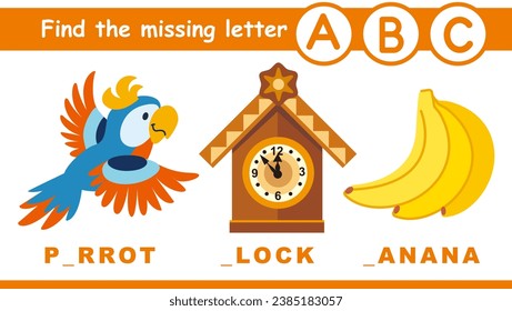 Encuentra el juego educativo preescolar de cartas que faltan para los niños. Aprendiendo letras del alfabeto inglés A, B, C. Caricaturas lindas animales y objetos de estilo plano. Ilustración aislada del vector.