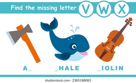 Find the missing letter preschool educational game for kids. Learning English alphabet letter V, W, X. Cartoon cute animals and objects in flat style. Vector isolated illustration.