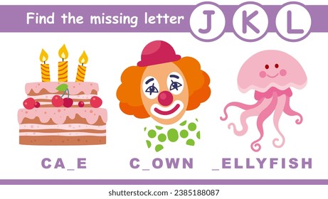 Find the missing letter preschool educational game for kids. Learning English alphabet letter J, K, L. Cartoon cute animals and objects in flat style. Vector isolated illustration.