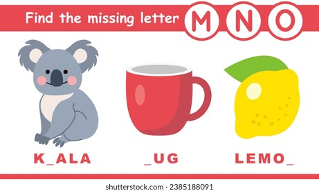 Find the missing letter preschool educational game for kids. Learning English alphabet letter M, N, O. Cartoon cute animals and objects in flat style. Vector isolated illustration.