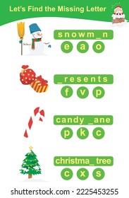 Let’s find the missing letter. Preschool worksheet with Christmas theme. Educational spelling printable game worksheet. Vector illustration. 