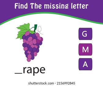 Find the missing letter. Printable kids activity worksheet. Cute cartoon character grape. Educational spelling puzzle game for kids. Fill in the missing letter. learn the English alphabet and letters.