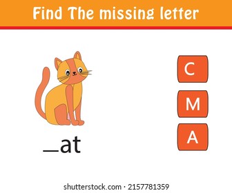Find the missing letter. Printable kids activity worksheet. Cute cartoon character animals. Educational spelling puzzle game for kids. Fill in the missing letter. learn English alphabet and letters.
