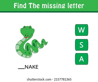 Find the missing letter. Printable kids activity worksheet. Cute cartoon character animals. Educational spelling puzzle game for kids. Fill in the missing letter. learn English alphabet and letters.
