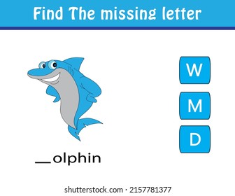 Find the missing letter. Printable kids activity worksheet. Cute cartoon character animals. Educational spelling puzzle game for kids. Fill in the missing letter. learn English alphabet and letters.
