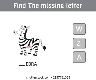 Find The Missing Letter. Printable Kids Activity Worksheet. Cute Cartoon Character Animals. Educational Spelling Puzzle Game For Kids. Fill In The Missing Letter. Learn English Alphabet And Letters.
