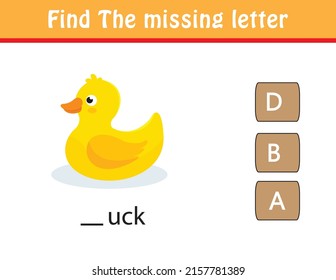 Find the missing letter. Printable kids activity worksheet. Cute cartoon character animals. Educational spelling puzzle game for kids. Fill in the missing letter. learn English alphabet and letters.
