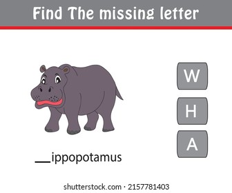 Find the missing letter. Printable kids activity worksheet. Cute cartoon character animals. Educational spelling puzzle game for kids. Fill in the missing letter. learn English alphabet and letters.

