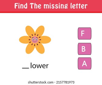 Find the missing letter. Printable kids activity worksheet. Cute cartoon character object. Educational spelling puzzle game for kids. Fill in the missing letter. learn English alphabet and letters.

