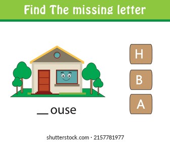 Find the missing letter. Printable kids activity worksheet. Cute cartoon character object. Educational spelling puzzle game for kids. Fill in the missing letter. learn English alphabet and letters.
