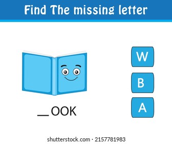 Find the missing letter. Printable kids activity worksheet. Cute cartoon character object. Educational spelling puzzle game for kids. Fill in the missing letter. learn English alphabet and letters.
