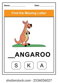 Finde den fehlenden Brief. Druckbare Kinder Aktivität Arbeitsblatt mit einem niedlichen Känguru Charakter. Puzzlespiel für die Rechtschreibung in der Erziehungswissenschaft für die frühen Lernenden. Füllen Sie den fehlenden Brief aus. Englisch alphabet lernen