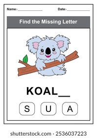 Finde den fehlenden Brief. Druckbare Kinder Aktivität Arbeitsblatt mit einem niedlichen Koala-Charakter. Puzzlespiel für die Rechtschreibung in der Erziehungswissenschaft für die frühen Lernenden. Füllen Sie den fehlenden Brief aus. Englisch alphabet lernen
