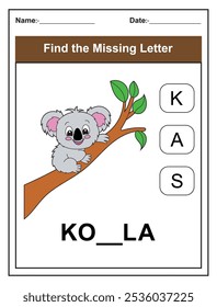 Find the missing letter. Printable kids activity worksheet with a cute koala character. Educational spelling puzzle game for early learners. Fill in the missing letter. Learn English alphabet
