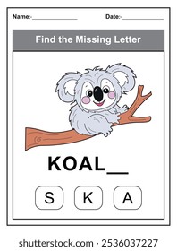 Finde den fehlenden Brief. Druckbare Kinder Aktivität Arbeitsblatt mit einem niedlichen Koala-Charakter. Puzzlespiel für die Rechtschreibung in der Erziehungswissenschaft für die frühen Lernenden. Füllen Sie den fehlenden Brief aus. Englisch alphabet lernen
