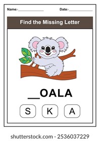 Finde den fehlenden Brief. Druckbare Kinder Aktivität Arbeitsblatt mit einem niedlichen Koala-Charakter. Puzzlespiel für die Rechtschreibung in der Erziehungswissenschaft für die frühen Lernenden. Füllen Sie den fehlenden Brief aus. Englisch alphabet lernen
