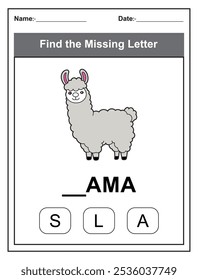 Find the missing letter. Printable kids activity worksheet with a cute lama character. Educational spelling puzzle game for early learners. Fill in the missing letter. Learn English alphabet
