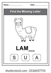 Find the missing letter. Printable kids activity worksheet with a cute lama character. Educational spelling puzzle game for early learners. Fill in the missing letter. Learn English alphabet
