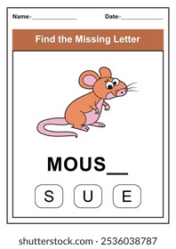 Find the missing letter. Printable kids activity worksheet with a cute mouse character. Educational spelling puzzle game for early learners. Fill in the missing letter. Learn English alphabet
