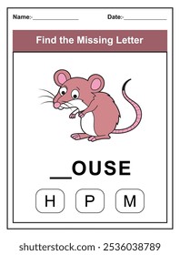 Find the missing letter. Printable kids activity worksheet with a cute mouse character. Educational spelling puzzle game for early learners. Fill in the missing letter. Learn English alphabet
