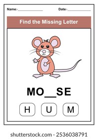 Find the missing letter. Printable kids activity worksheet with a cute mouse character. Educational spelling puzzle game for early learners. Fill in the missing letter. Learn English alphabet
