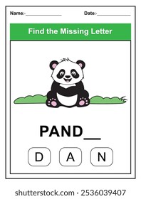 Find the missing letter. Printable kids activity worksheet with a cute panda character. Educational spelling puzzle game for early learners. Fill in the missing letter. Learn English alphabet
