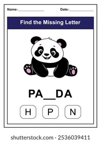 Find the missing letter. Printable kids activity worksheet with a cute panda character. Educational spelling puzzle game for early learners. Fill in the missing letter. Learn English alphabet
