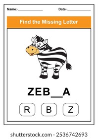 Find the missing letter. Printable kids activity worksheet with a cute zebra character. Educational spelling puzzle game for early learners. Fill in the missing letter. Learn English alphabet
