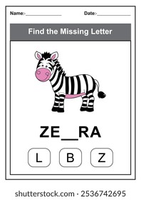 Find the missing letter. Printable kids activity worksheet with a cute zebra character. Educational spelling puzzle game for early learners. Fill in the missing letter. Learn English alphabet
