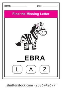 Find the missing letter. Printable kids activity worksheet with a cute zebra character. Educational spelling puzzle game for early learners. Fill in the missing letter. Learn English alphabet
