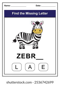 Find the missing letter. Printable kids activity worksheet with a cute zebra character. Educational spelling puzzle game for early learners. Fill in the missing letter. Learn English alphabet
