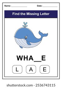 Finde den fehlenden Brief. Druckbare Kinder Aktivität Arbeitsblatt mit einem niedlichen Wal Charakter. Puzzlespiel für die Rechtschreibung in der Erziehungswissenschaft für die frühen Lernenden. Füllen Sie den fehlenden Brief aus. Englisch alphabet lernen
