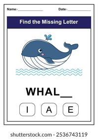 Finde den fehlenden Brief. Druckbare Kinder Aktivität Arbeitsblatt mit einem niedlichen Wal Charakter. Puzzlespiel für die Rechtschreibung in der Erziehungswissenschaft für die frühen Lernenden. Füllen Sie den fehlenden Brief aus. Englisch alphabet lernen
