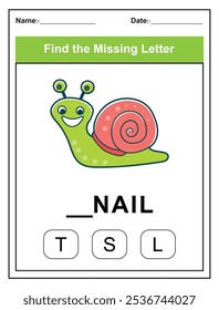 Find the missing letter. Printable kids activity worksheet with a cute snail character. Educational spelling puzzle game for early learners. Fill in the missing letter. Learn English alphabet
