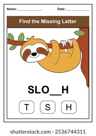 Find the missing letter. Printable kids activity worksheet with a cute sloth character. Educational spelling puzzle game for early learners. Fill in the missing letter. Learn English alphabet
