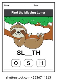 Find the missing letter. Printable kids activity worksheet with a cute sloth character. Educational spelling puzzle game for early learners. Fill in the missing letter. Learn English alphabet
