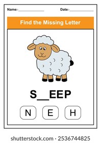 Find the missing letter. Printable kids activity worksheet with a cute sheep character. Educational spelling puzzle game for early learners. Fill in the missing letter. Learn English alphabet
