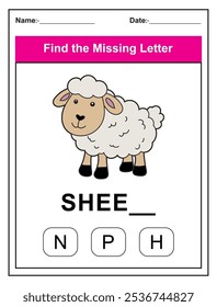 Find the missing letter. Printable kids activity worksheet with a cute sheep character. Educational spelling puzzle game for early learners. Fill in the missing letter. Learn English alphabet
