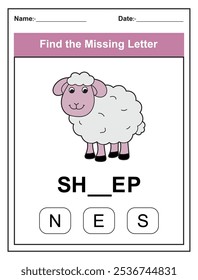 Find the missing letter. Printable kids activity worksheet with a cute sheep character. Educational spelling puzzle game for early learners. Fill in the missing letter. Learn English alphabet
