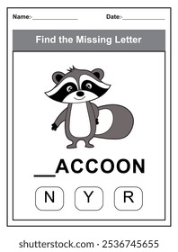 Finde den fehlenden Brief. Druckbare Kinder Aktivität Arbeitsblatt mit einem niedlichen Waschbär Charakter. Puzzlespiel für die Rechtschreibung in der Erziehungswissenschaft für die frühen Lernenden. Füllen Sie den fehlenden Brief aus. Englisch alphabet lernen
