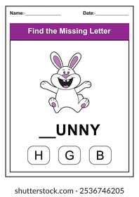 Find the missing letter. Printable kids activity worksheet with a cute bunny character. Educational spelling puzzle game for early learners. Fill in the missing letter. Learn English alphabet
