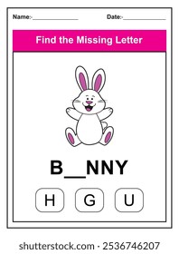 Finde den fehlenden Brief. Druckbare Kinder Aktivität Arbeitsblatt mit einem niedlichen Hasen Charakter. Puzzlespiel für die Rechtschreibung in der Erziehungswissenschaft für die frühen Lernenden. Füllen Sie den fehlenden Brief aus. Englisch alphabet lernen
