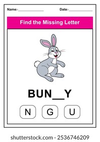 Find the missing letter. Printable kids activity worksheet with a cute bunny character. Educational spelling puzzle game for early learners. Fill in the missing letter. Learn English alphabet
