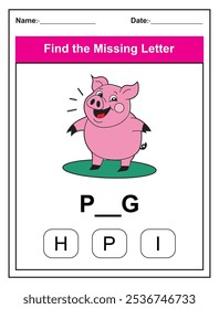 Find the missing letter. Printable kids activity worksheet with a cute pig character. Educational spelling puzzle game for early learners. Fill in the missing letter. Learn English alphabet
